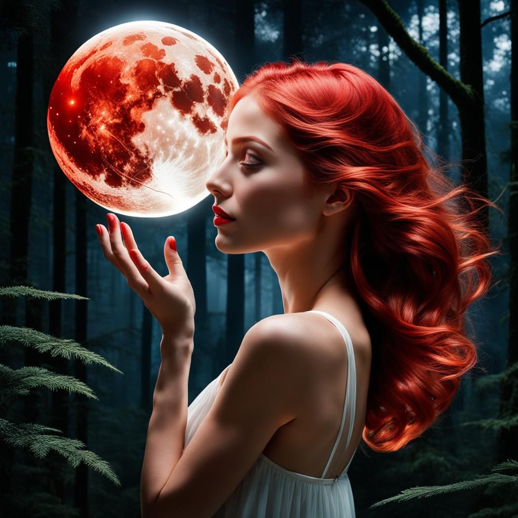 Shattered Heart Held by Woman in Forest Moonlight