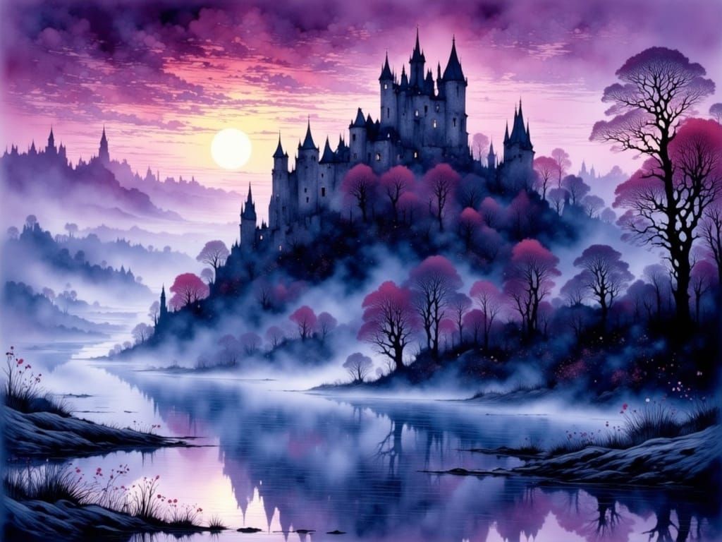 Medieval Castle Ruin Emerge from Whimsical Morning Mist