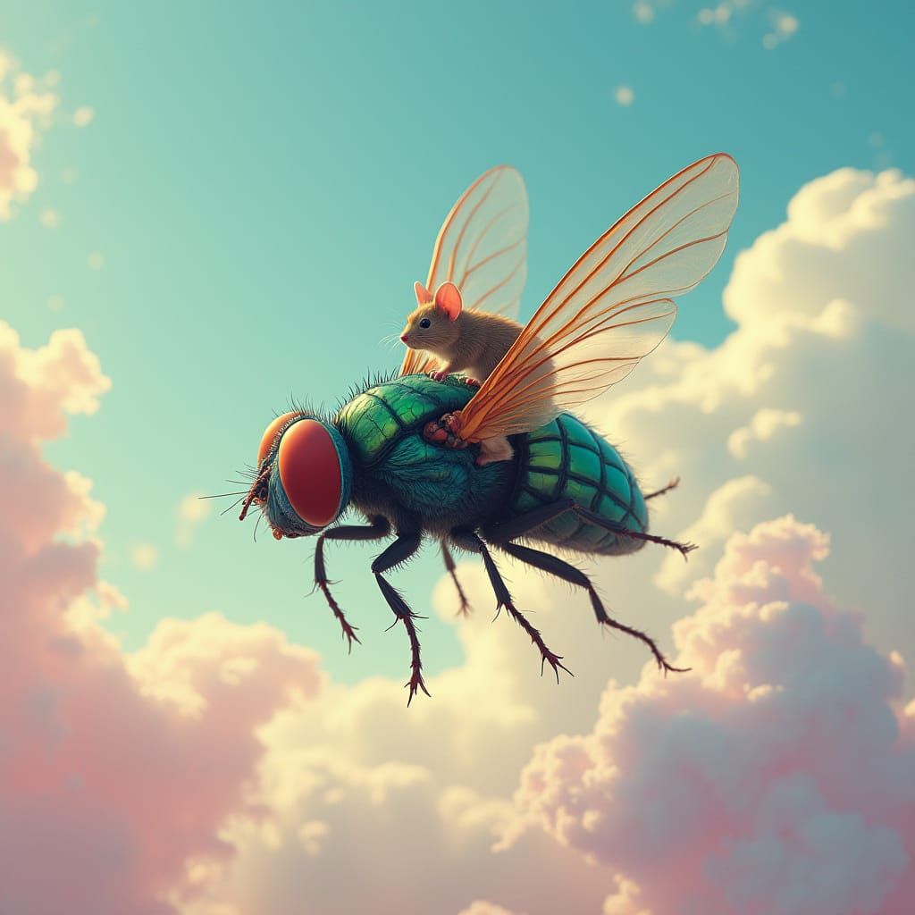 Rat Rides Giant Fly in Vibrant, Whimsical Skies