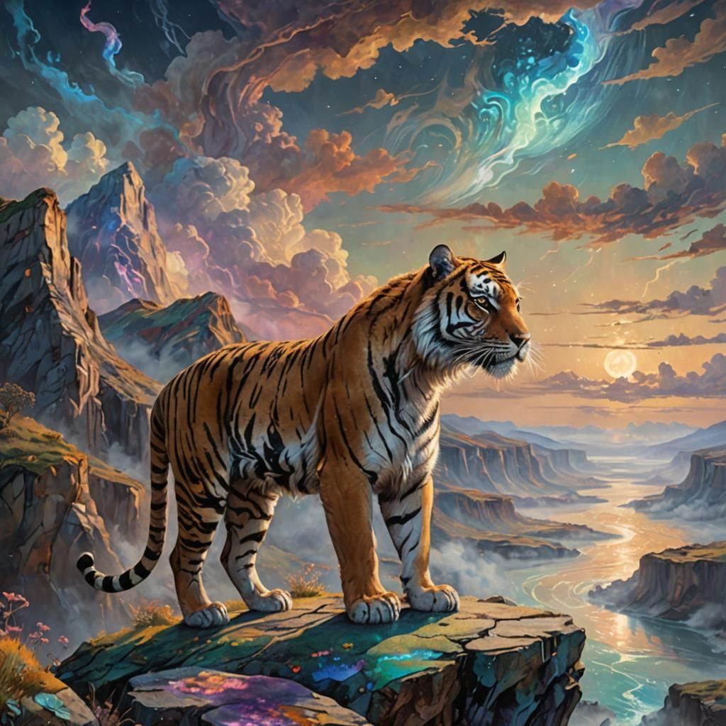Bioluminescent Tiger Overlooking Alien Landscape in Symbolis...