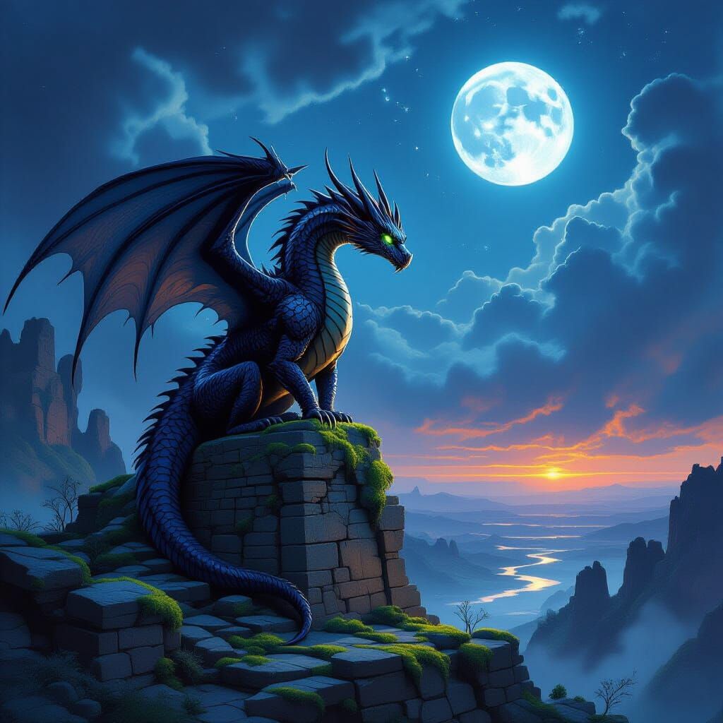 Dragon on Ancient Ruins Under Twin Moons