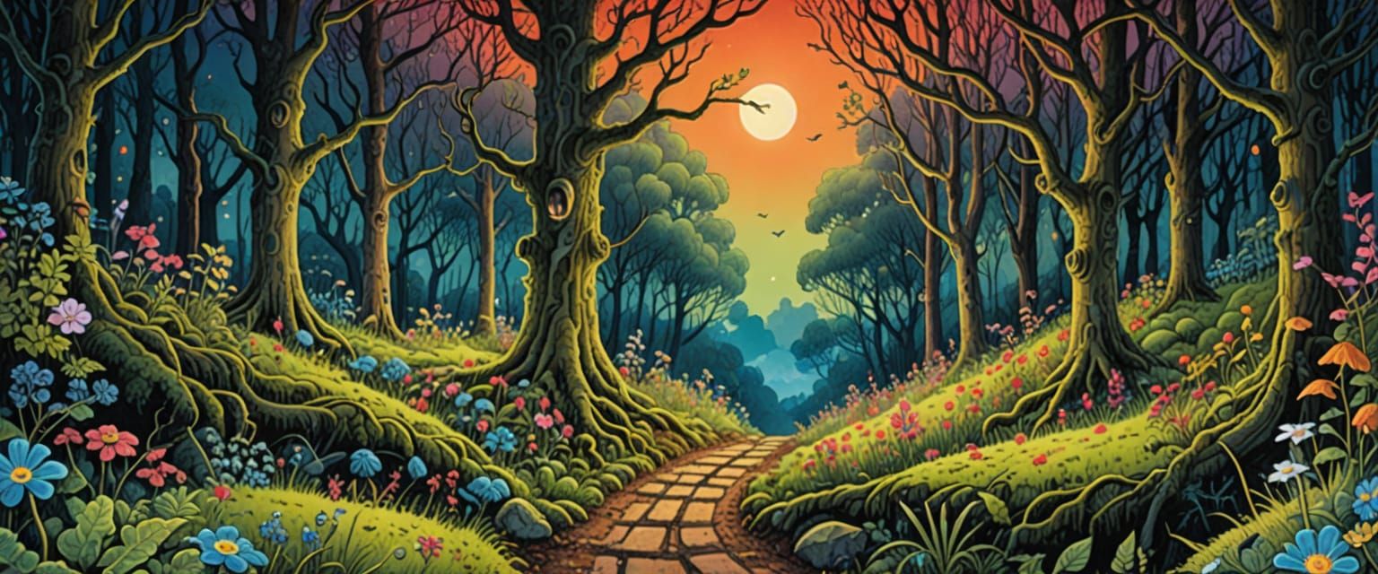 Magical Forest Road with Woodland Creatures in Watercolor St...