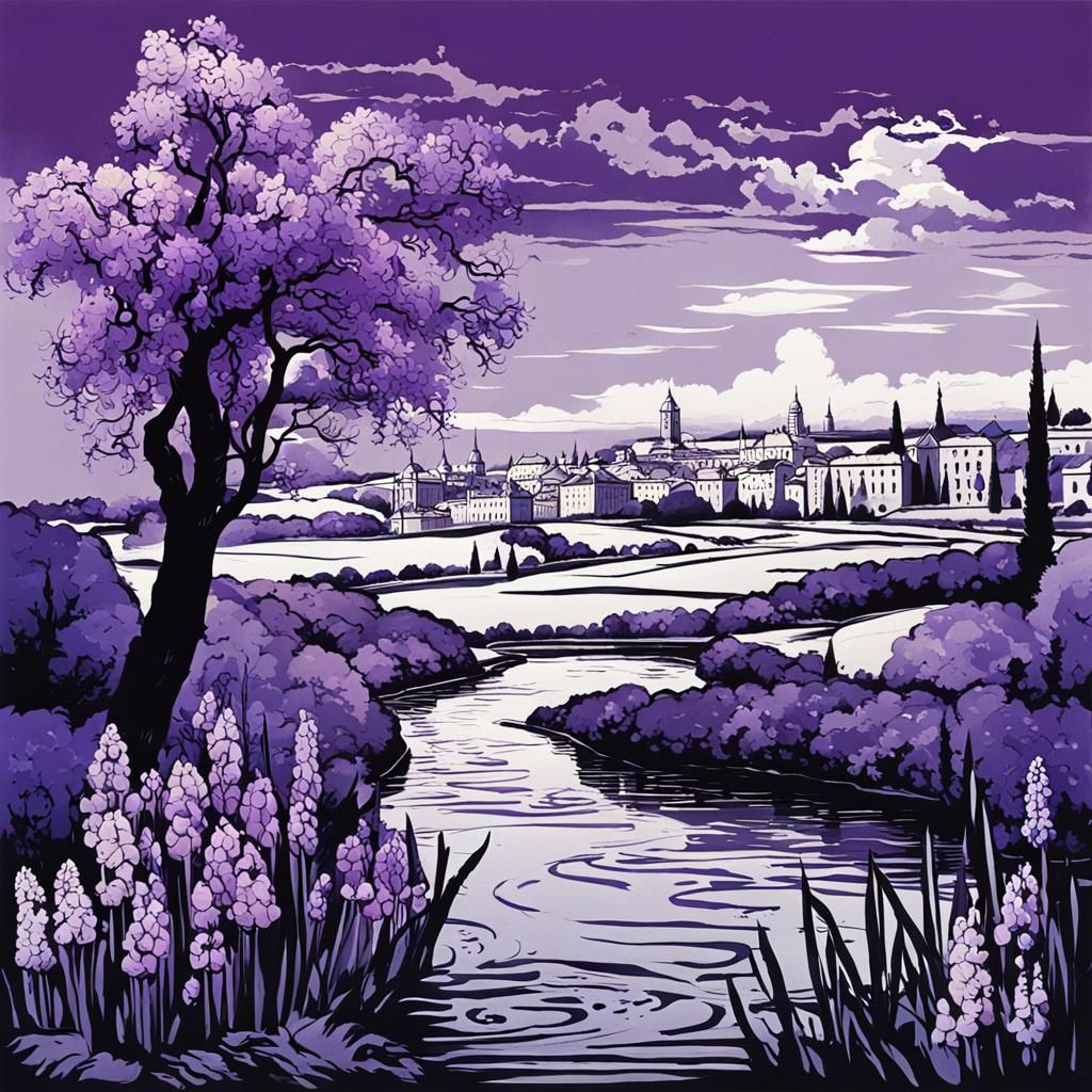 Surreal Riverscape with Hyacinths in Vibrant Colors