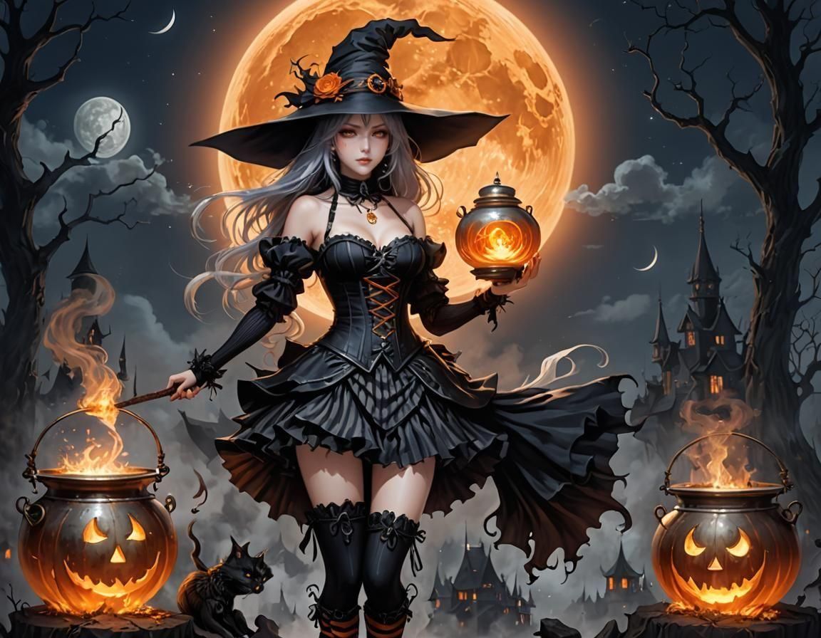 Emo Witch Stirring Cauldron Under Orange Moon