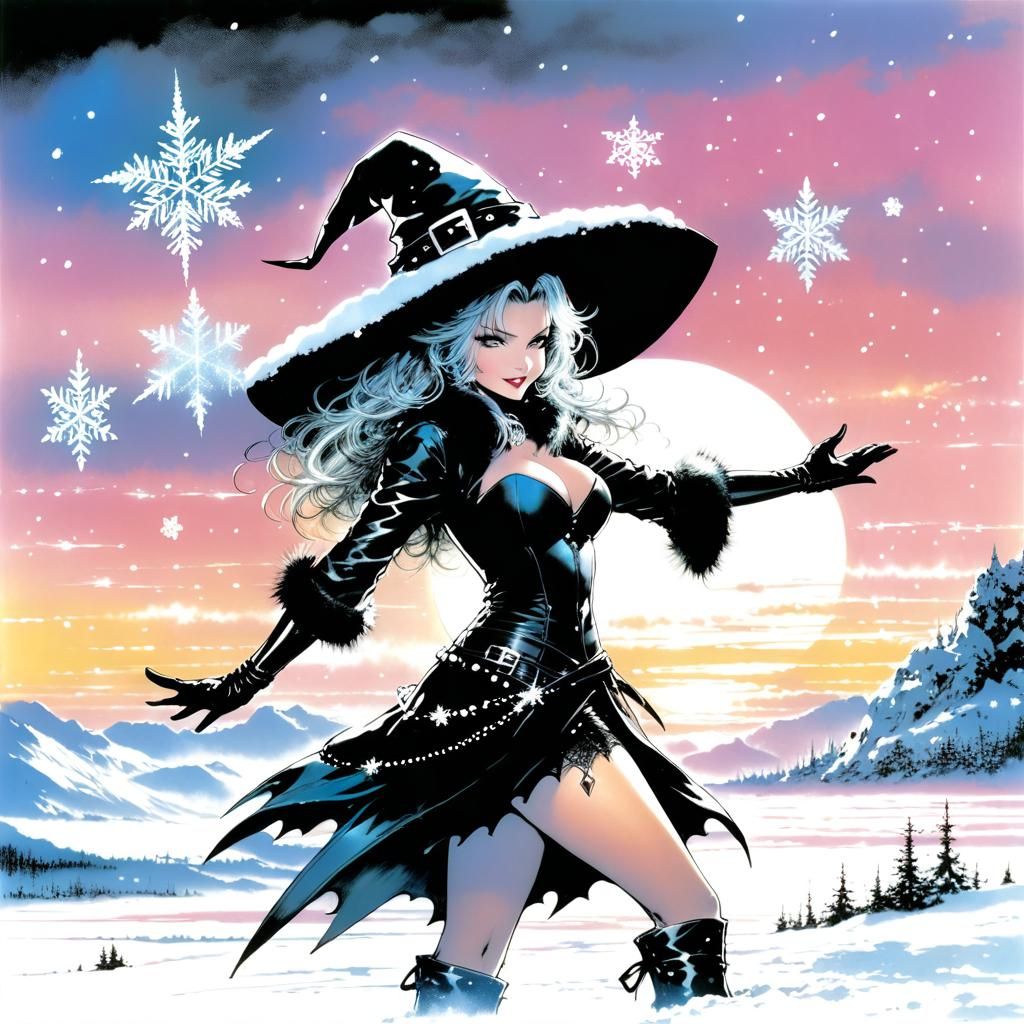 Happy Witch Floats Over Snowy Winter Landscape