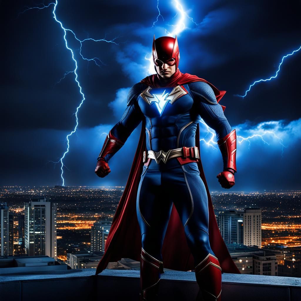 Electric Superhero on Building in Hyperrealistic Style