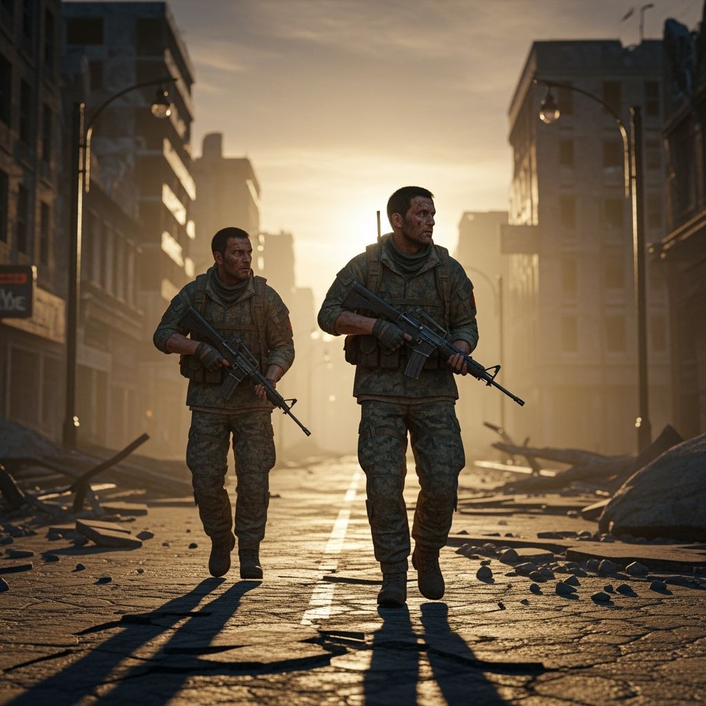 War-Torn Cityscape: Soldiers Search for Zombies at Dawn