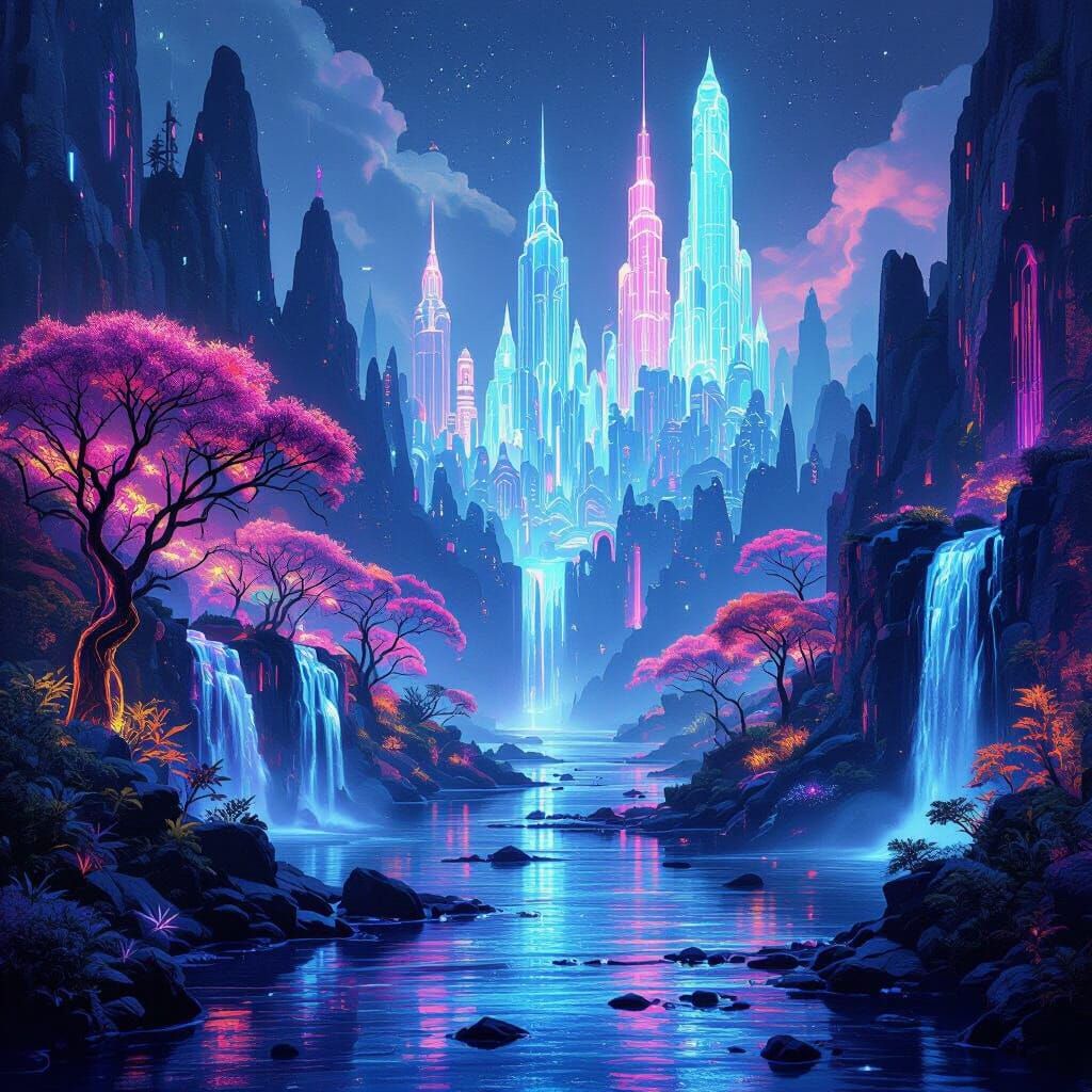 Mystical Realm of Neon and Crystal in Futuristic Style