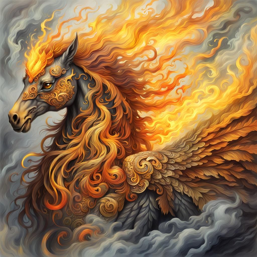 Fiery Phoenix Horse Portrait in Fantasy Art Style