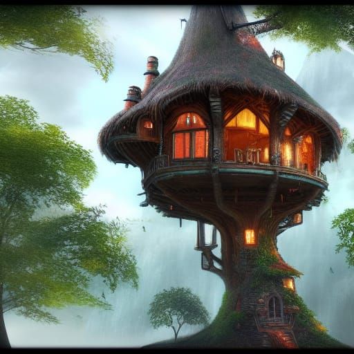 Fantasy Treehouse Castle: Detailed Matte Painting
