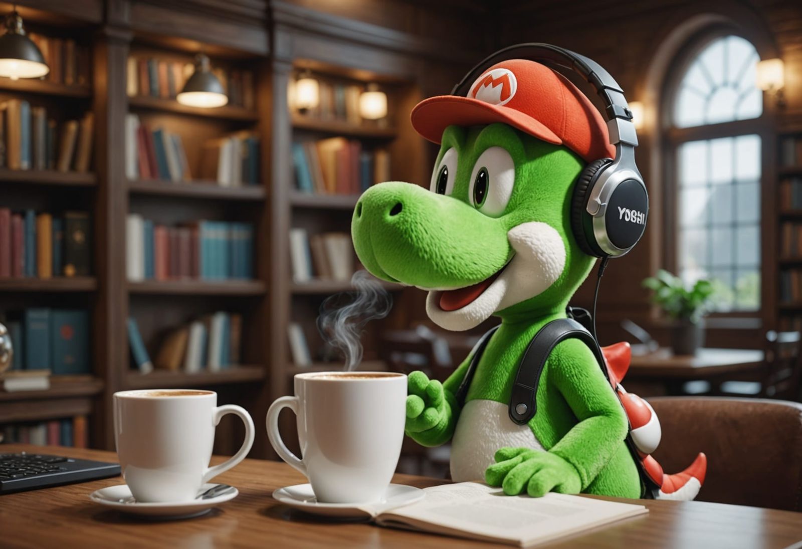Yoshi Drinks Coffee in Library: 3D Render