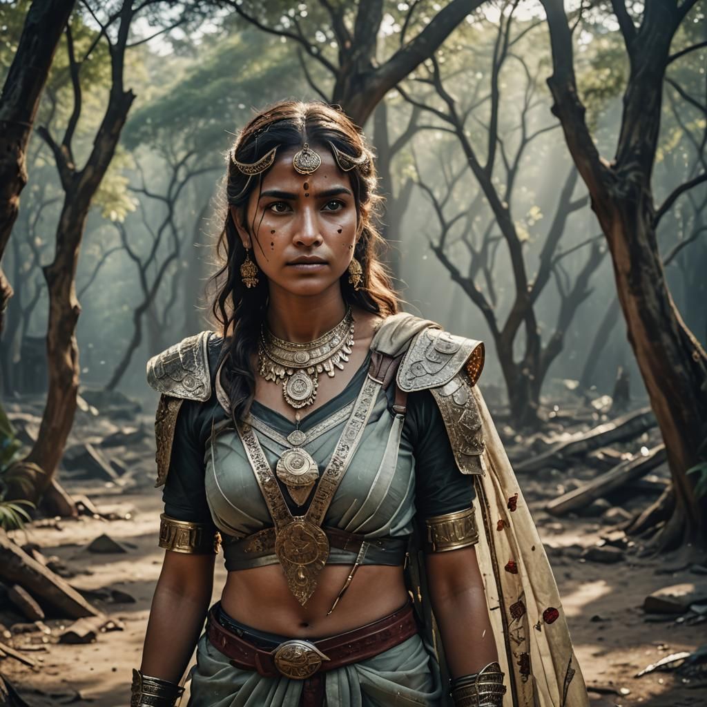 Female Survivor in Saree and Armor: Cinematic Portrait