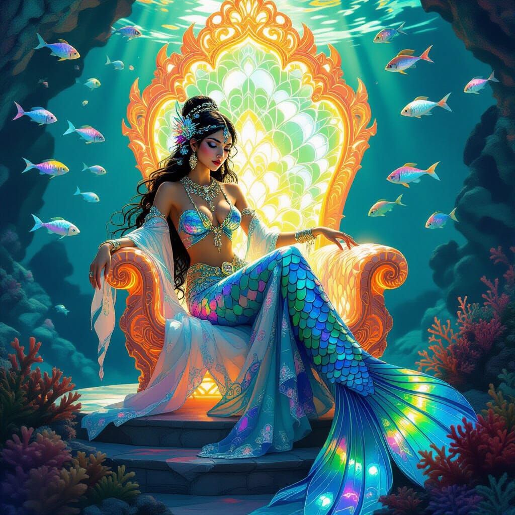Mystical Jalpari on Coral Throne in Fantasy Style