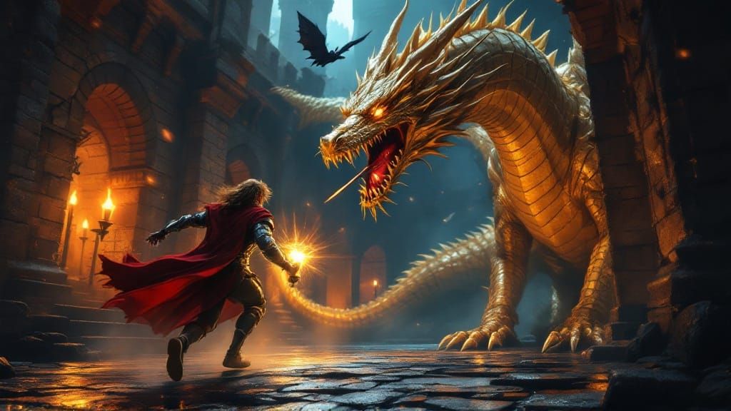Brave Knight Battles Dragon in Medieval Castle Courtyard