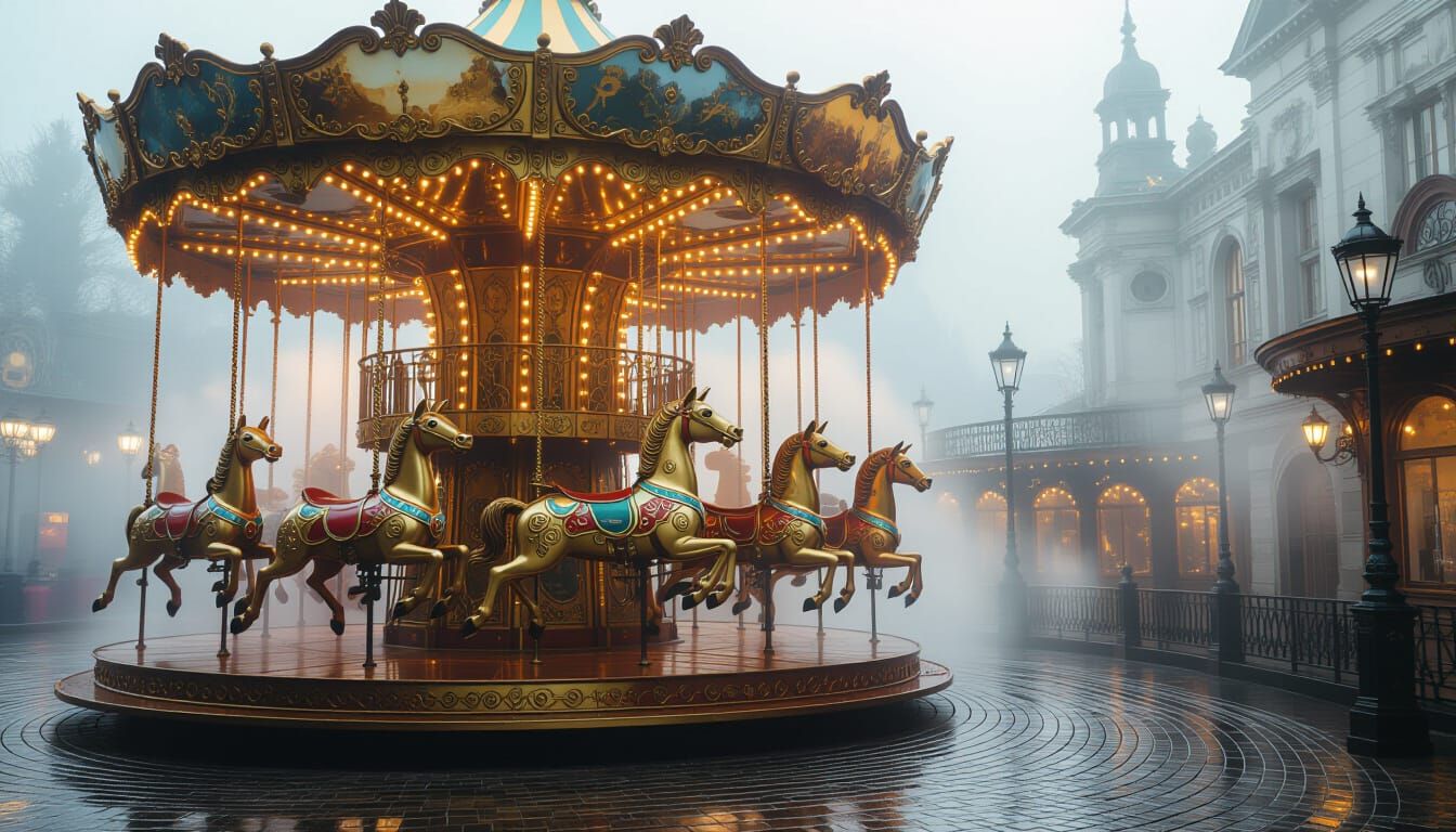 Steampunk Carousel in Fog: Klimt & Turner Inspired