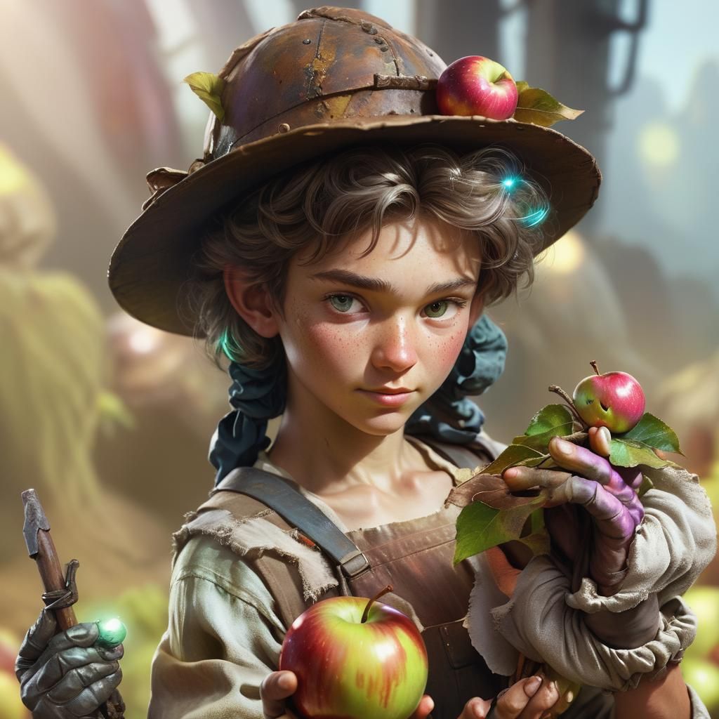 Miner with Iridescent Apple: Hyper-Realistic Portrait