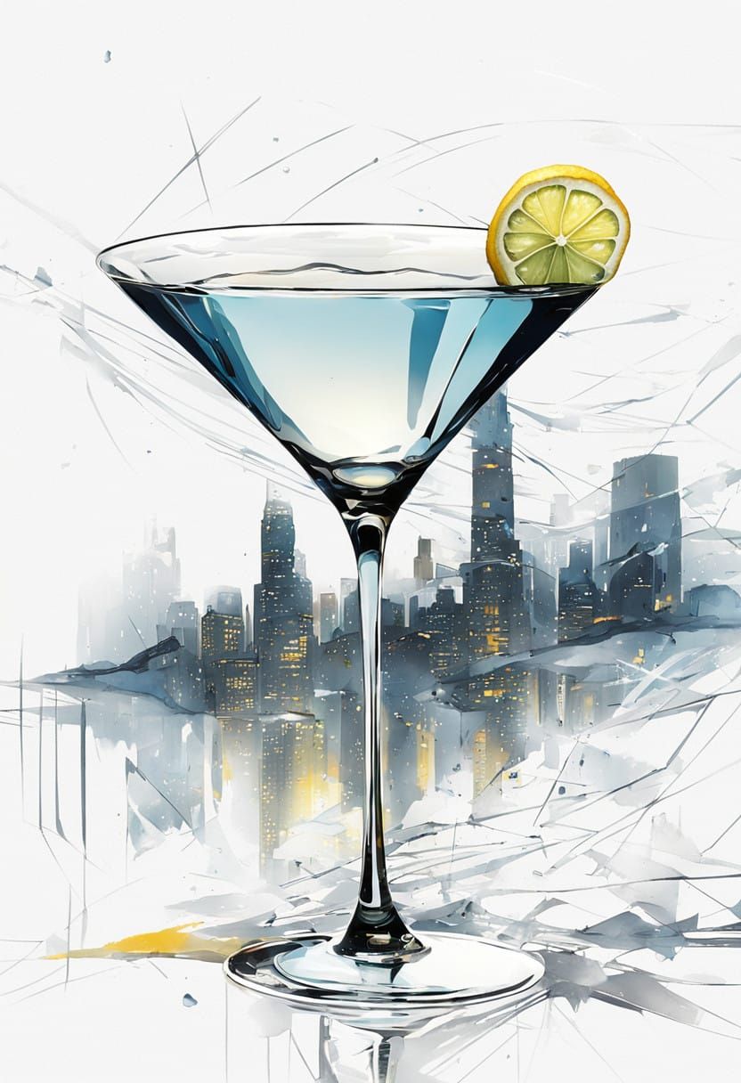 Glittering Cityscape Reflections in a Futuristic Martini
