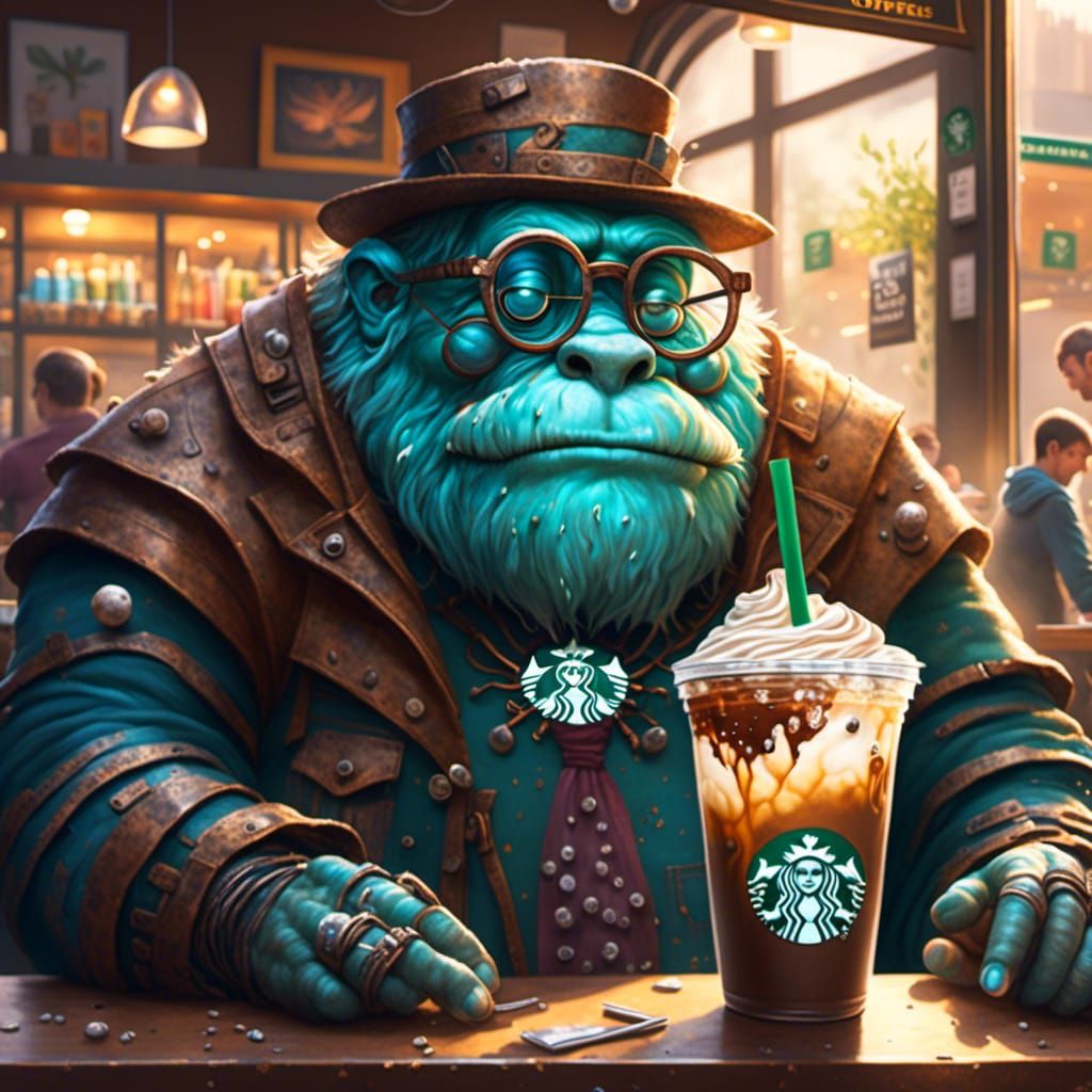Golem Drinks Coffee: Hyperrealistic Starbucks Portrait