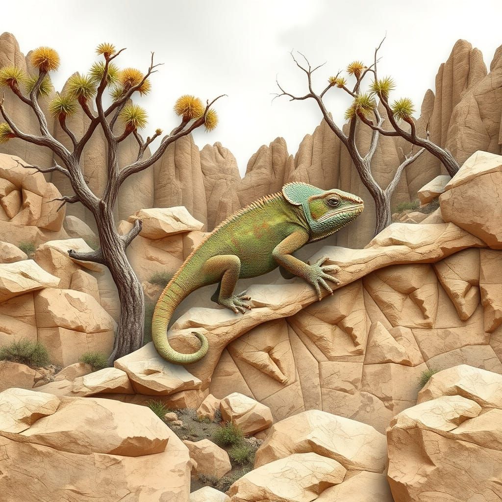 Chameleon Merges with Desert Landscape in Escher-Inspired Ar...