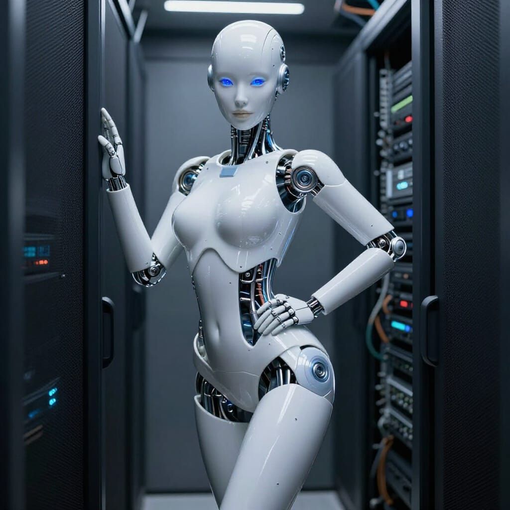 A hyper-realistic, cinematic of a next-generation "Physical AI" humanoid assistant in 2026. The android features a minim...