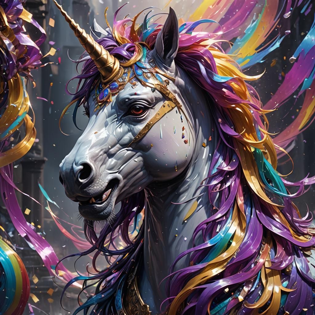 Glassy Unicorn Head with Rainbow Mane in Dark Fantasy