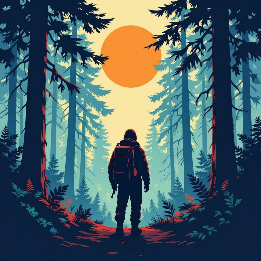 Explorer in Forest Night Sun T-Shirt Design