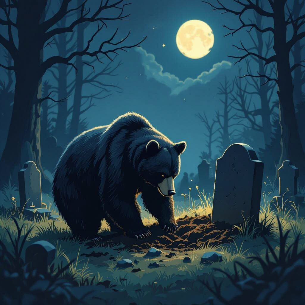 Bear Gravedigger in Dark Mystical Graveyard