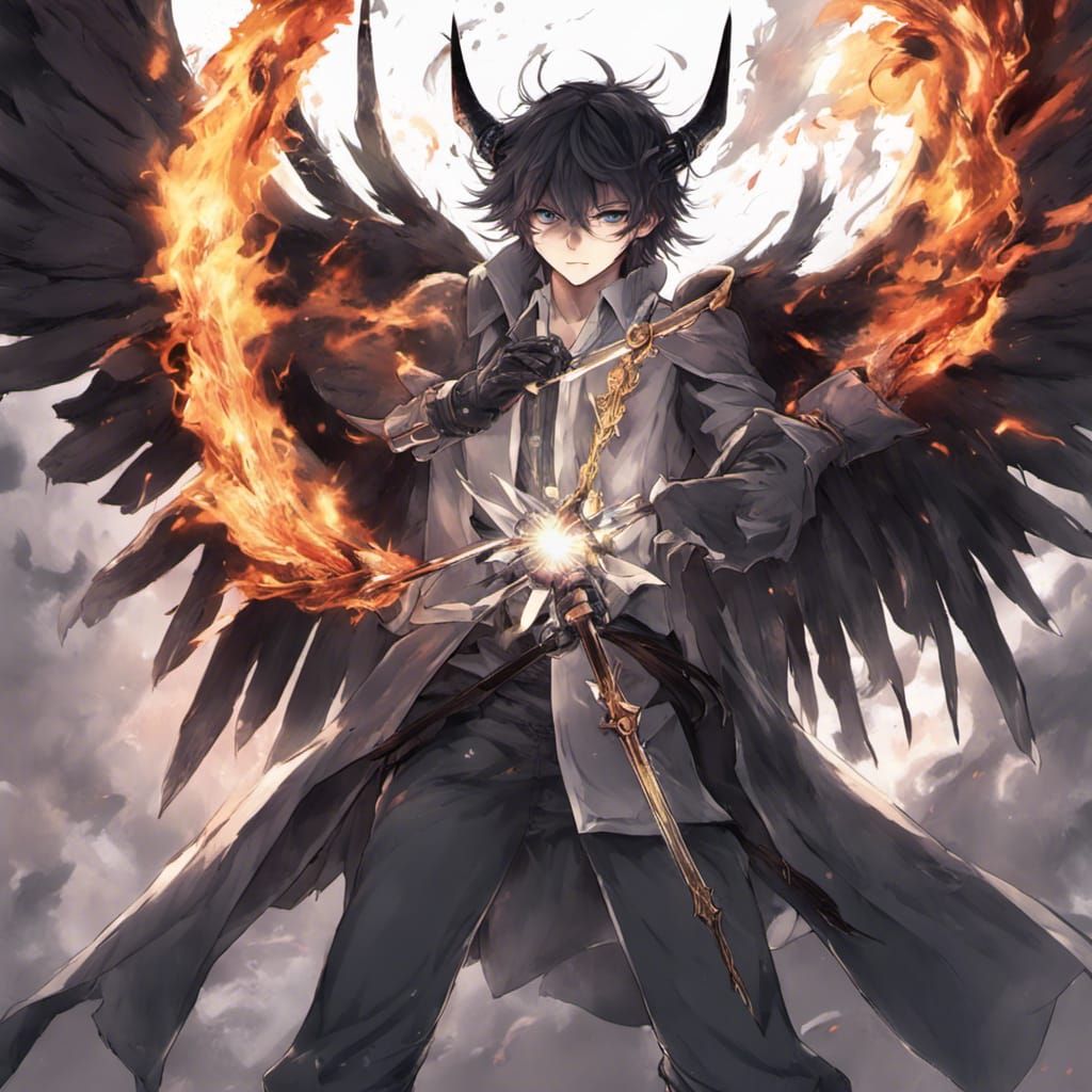 Fallen Angel with Burning Sword in Anime Style
