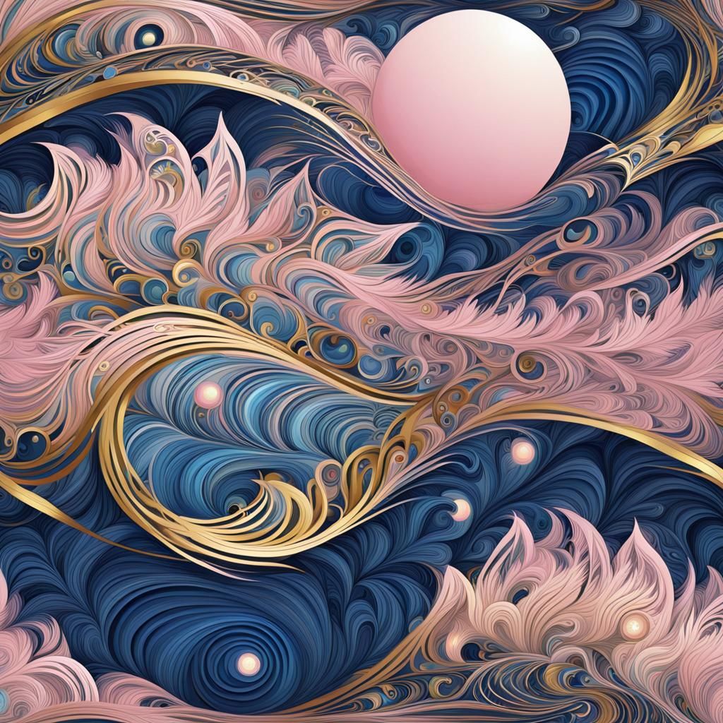 Abstract Moon with Feathers in Fractal Style