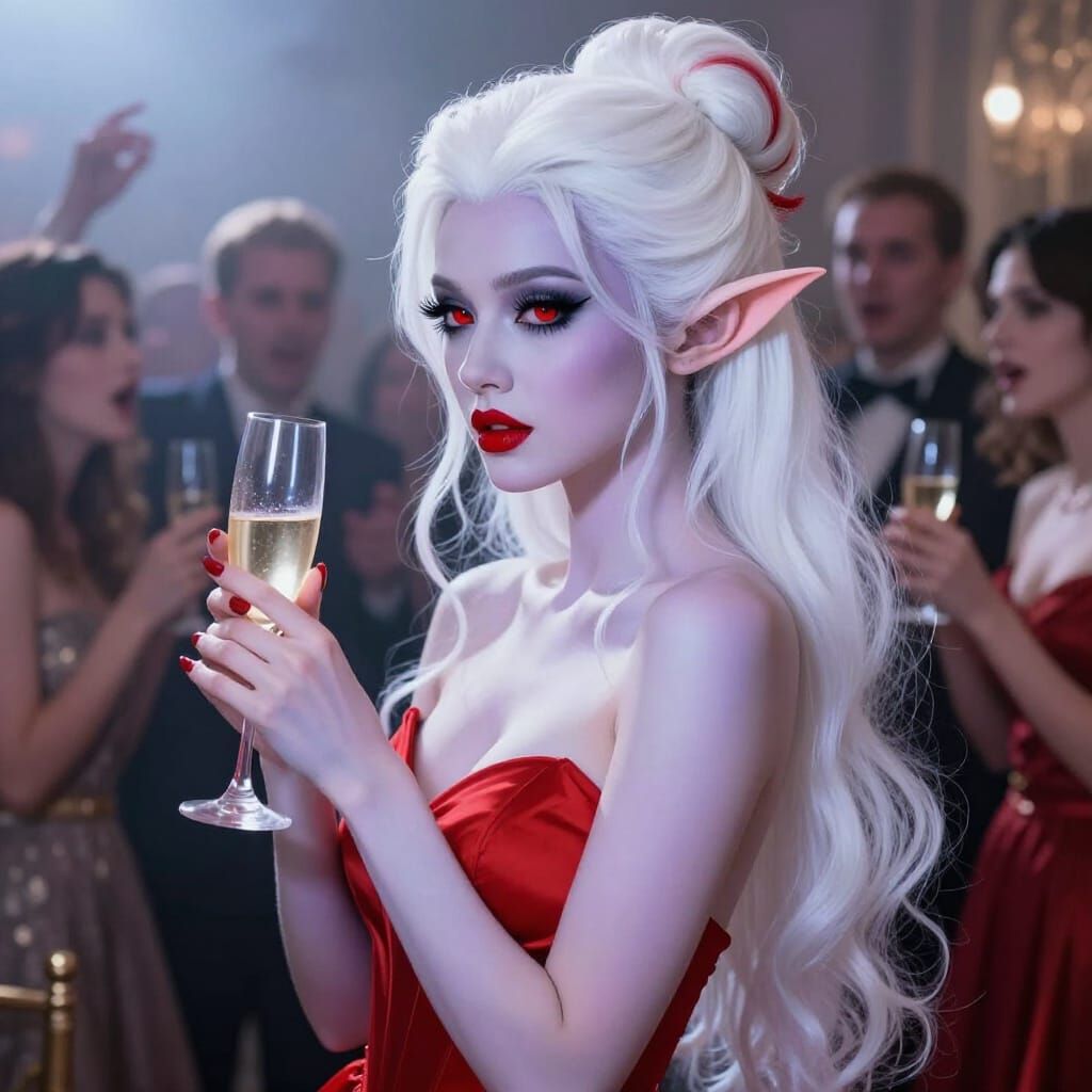 Elegant Elf Woman in Red Dress at Party