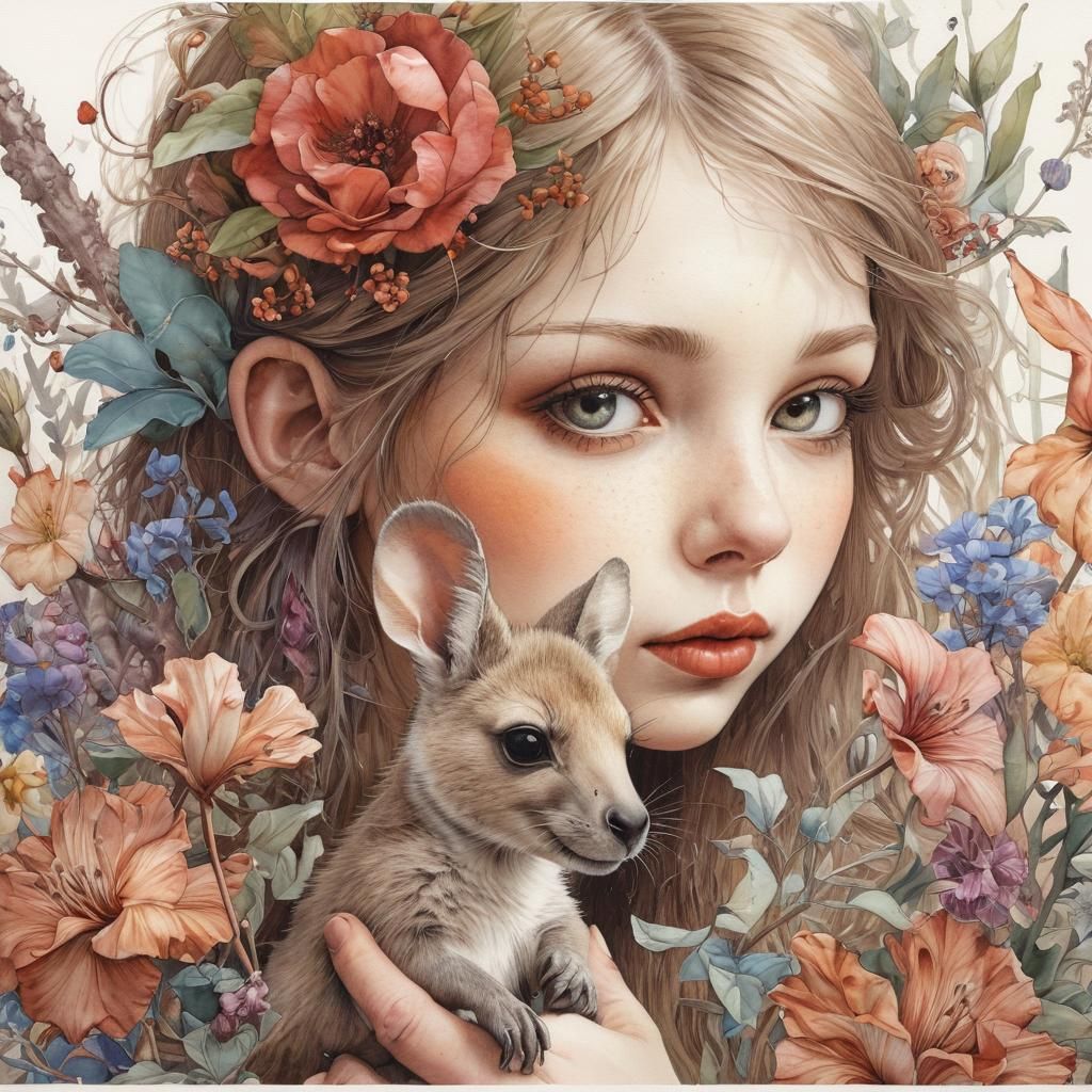 Girl and Joey Kangaroo in Whimsical Watercolour