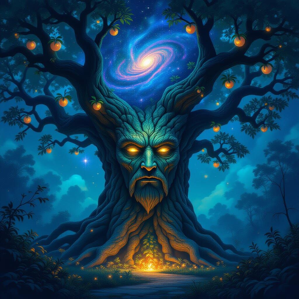 Ancient Starlit Tree with Glowing Fruit in Cosmic Forest