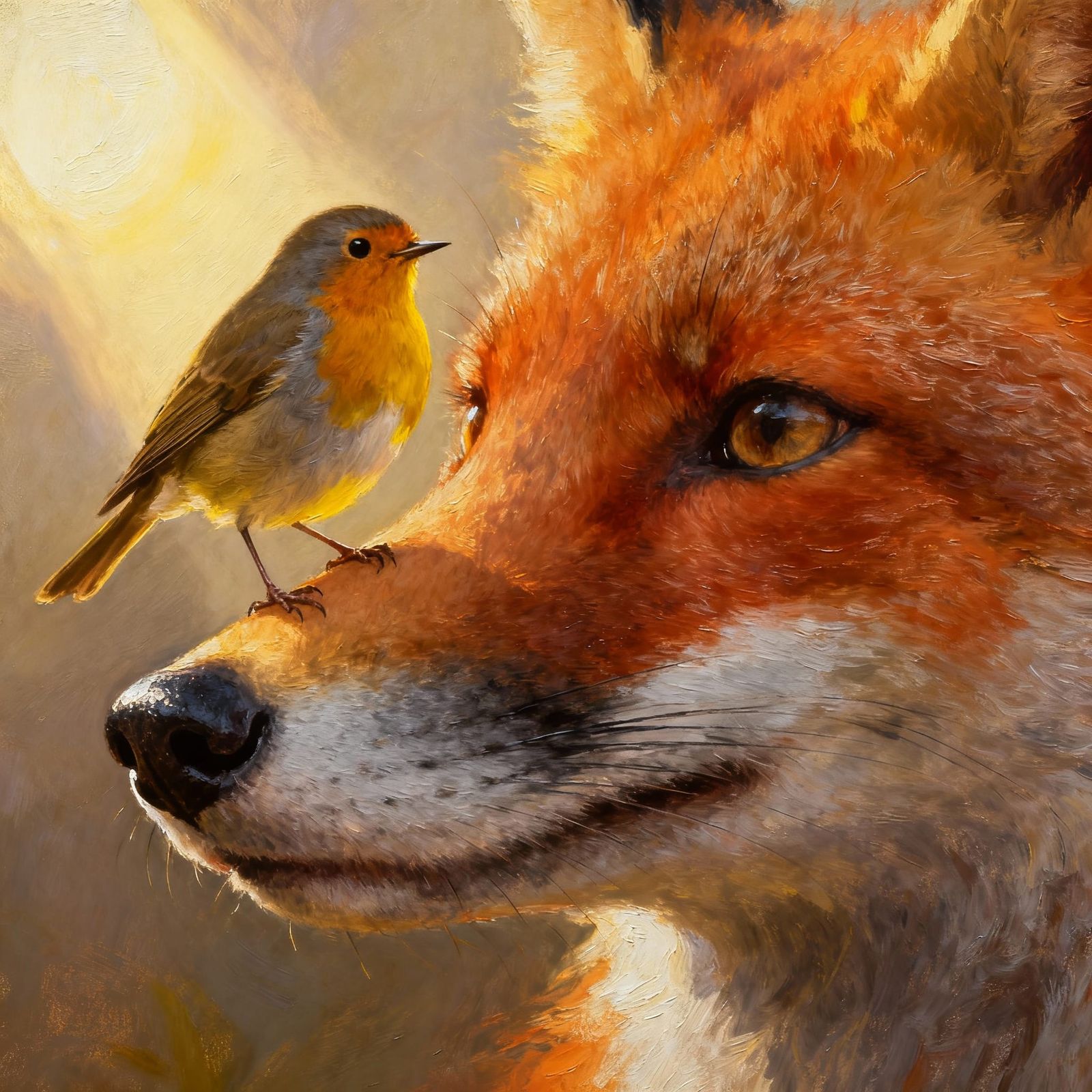 Red Fox and Robin Portrait in Impressionist Style