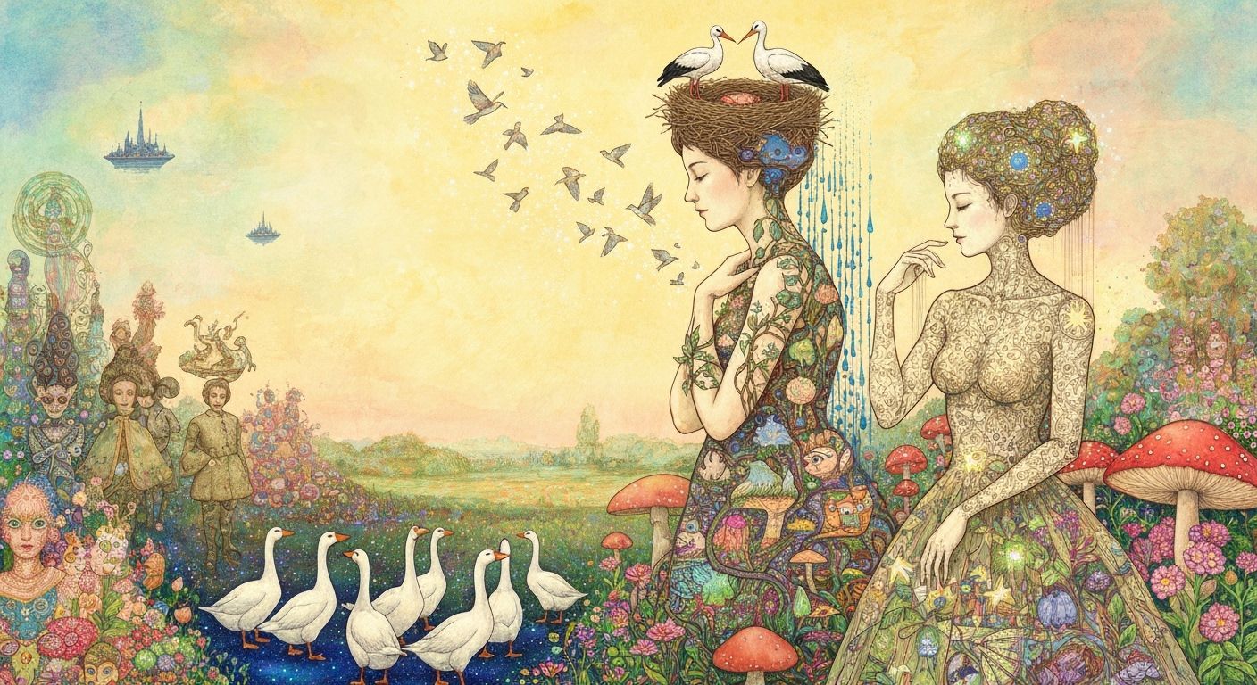 Ethereal Woman with Glowing Birds in Psychedelic Garden