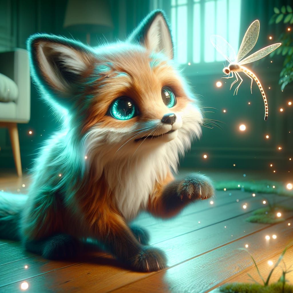 Cute Fox Capturing Firefly, Digital Concept Art