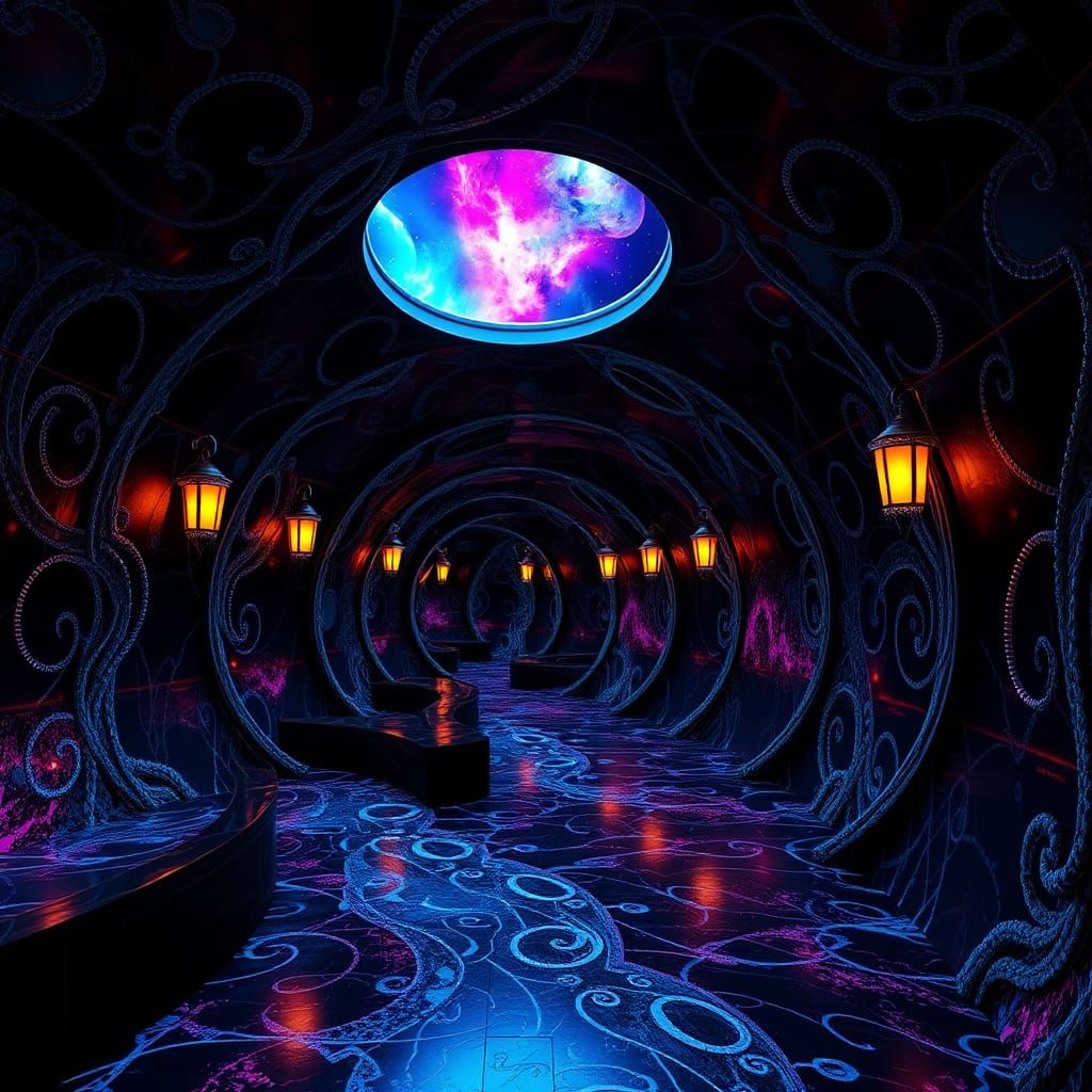 Underground Tunnels with Neon Veins and Lanterns