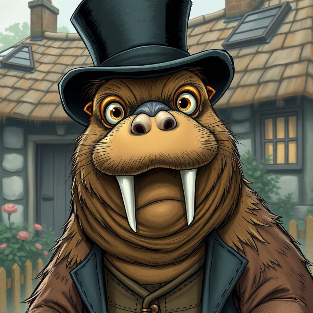 Anthropomorphic Walrus in Tophat, Comic Illustration