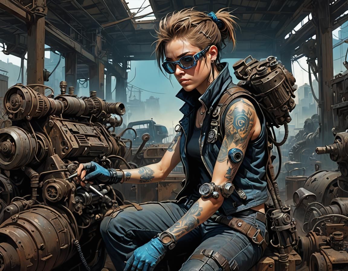 Futuristic Punk Mechanic Repairing Engine in Junkyard