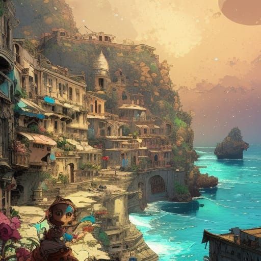 Sicilian Coastal Village in 3D Comic Style
