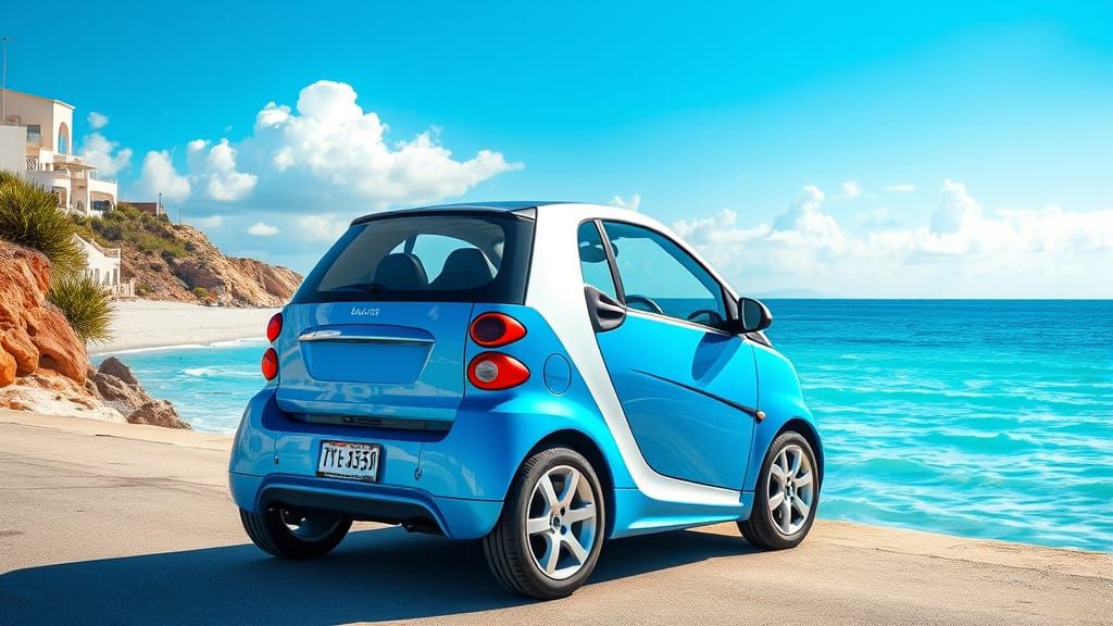 Smart Car Overlooking Calm Ocean in Impressionist Style