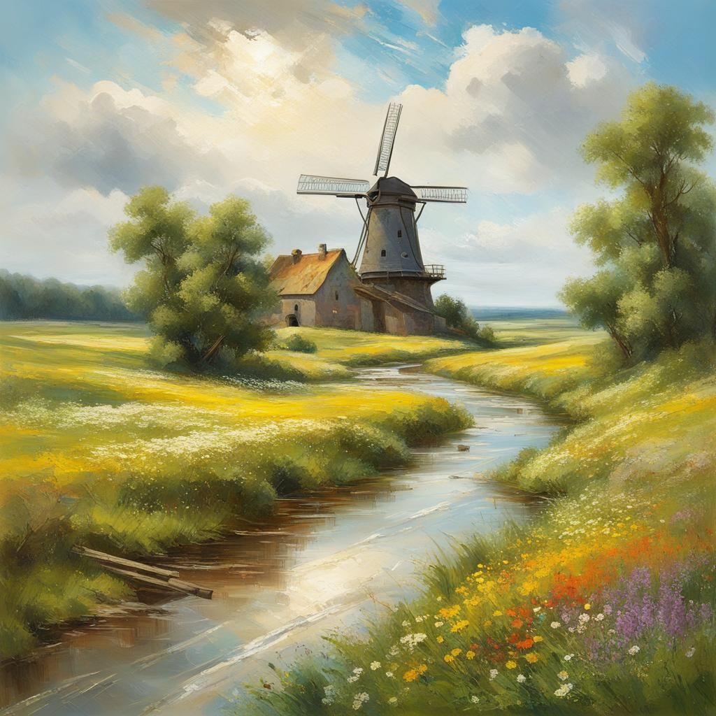 River Valley Windmill in Impressionist Style