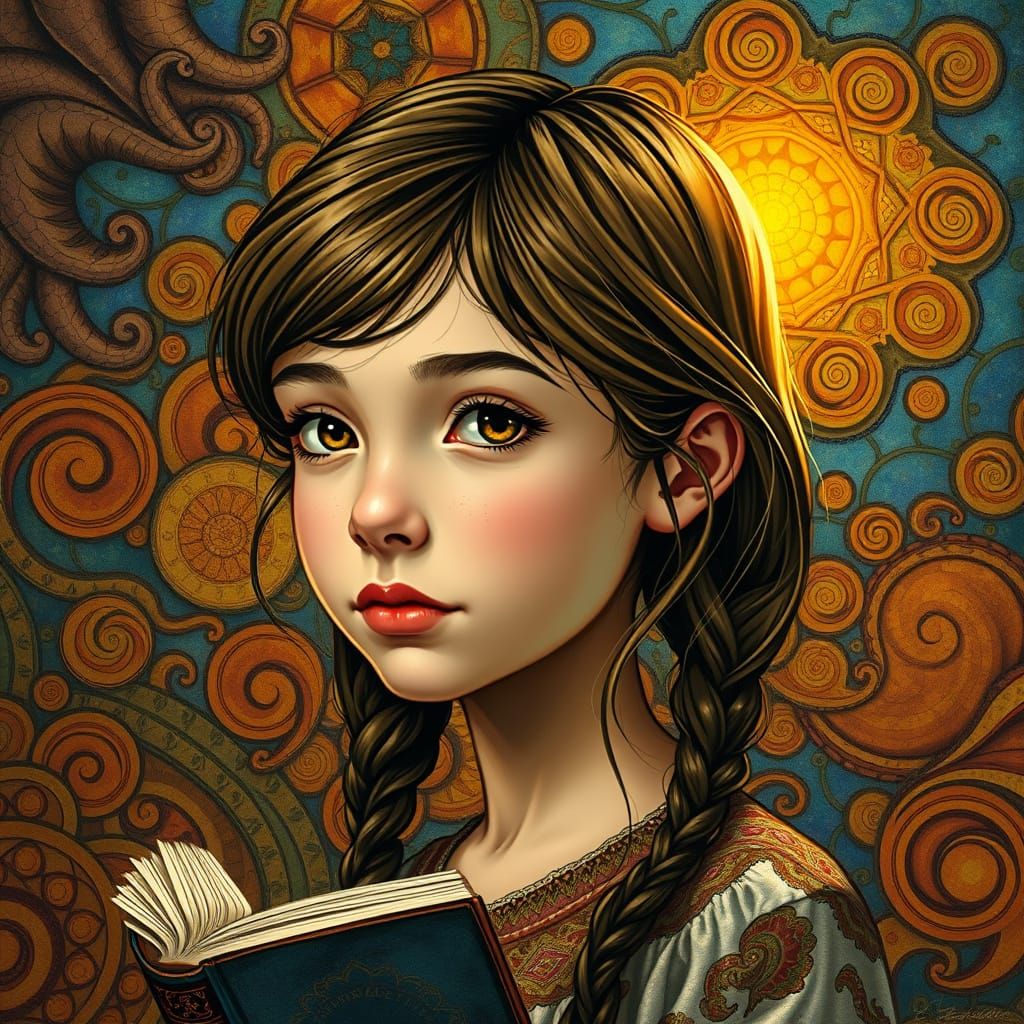 Mystical Portrait of a Bookish Girl in a Vibrant, Psychedeli...