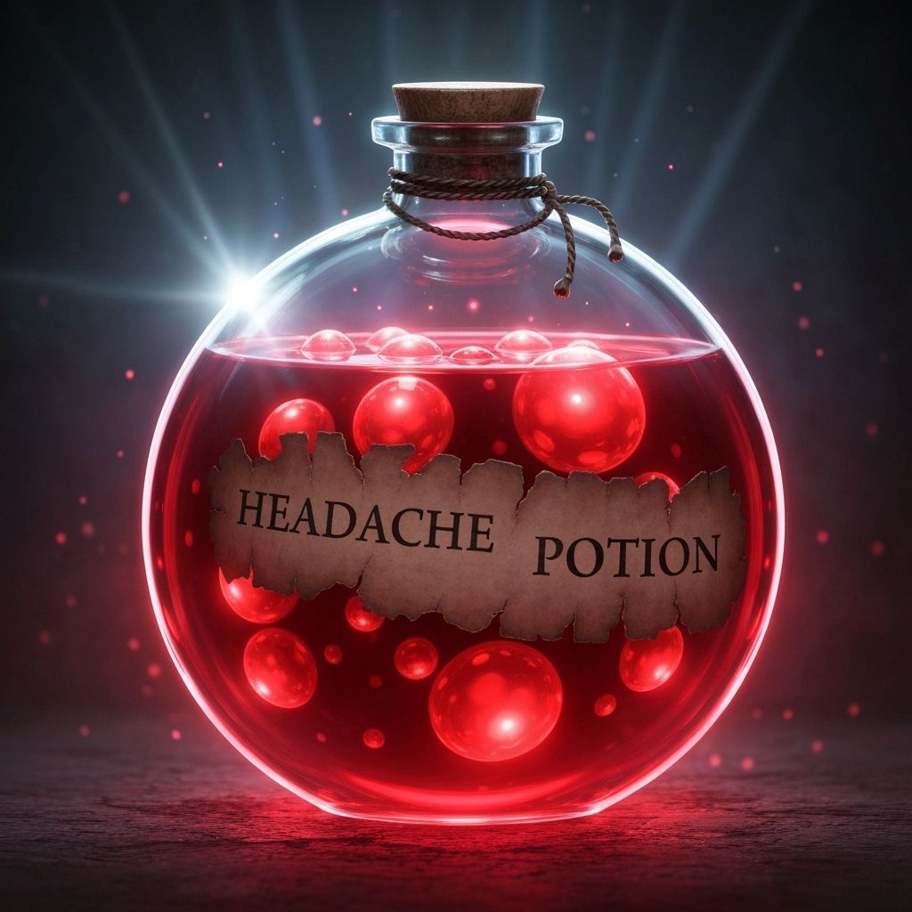 Glowing Red Headache Potion Bottle in Dark Fantasy Style