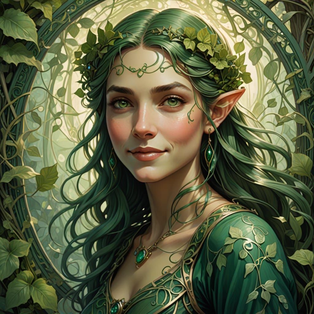 Art Nouveau Elf Woman Amidst Flowing Botanical Patterns