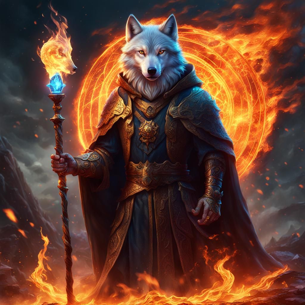Wolf Wizard with Crystal Staff: Detailed Matte Painting