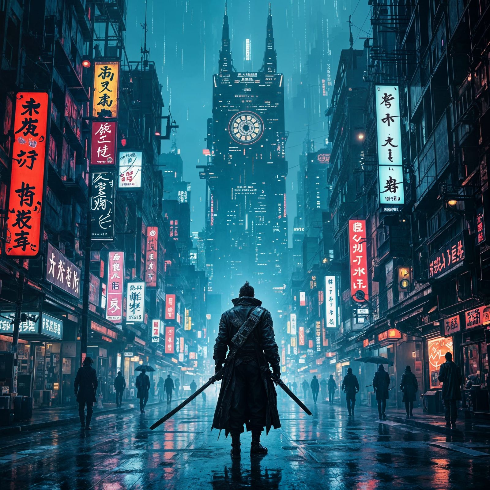 Cyberpunk Samurai Warrior in Neon Tokyo