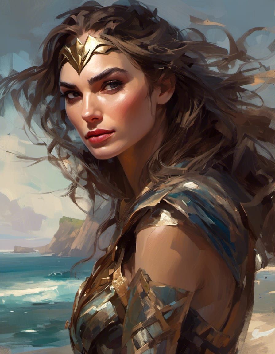 Gal Gadot Portrait with Seaside Beach Background