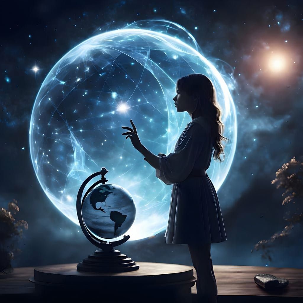 Girl Contemplates Globe With Finger