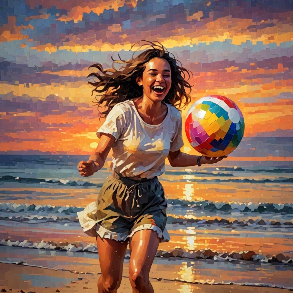 Girl Plays Beach Ball in Pixelated Sunset