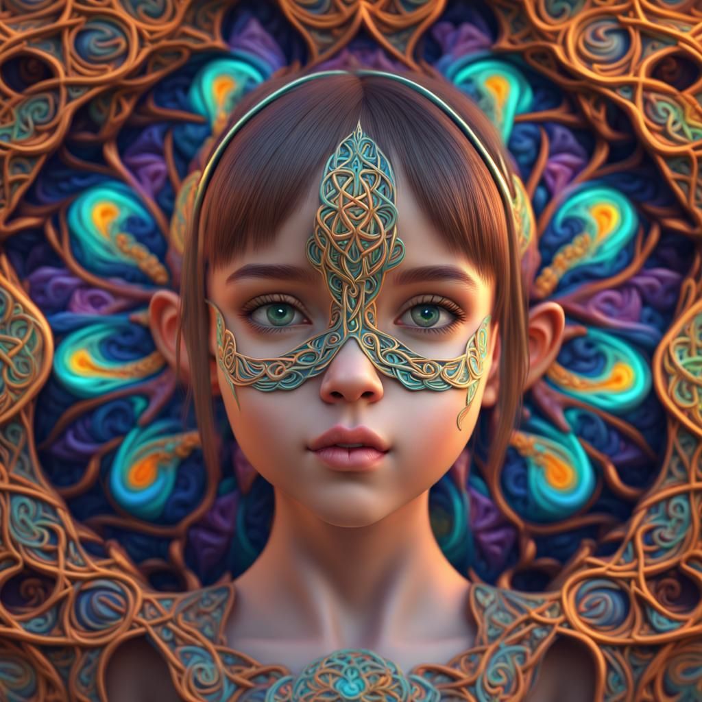 Cute Girl with Celtic Geometric Patterns in Fractal Art